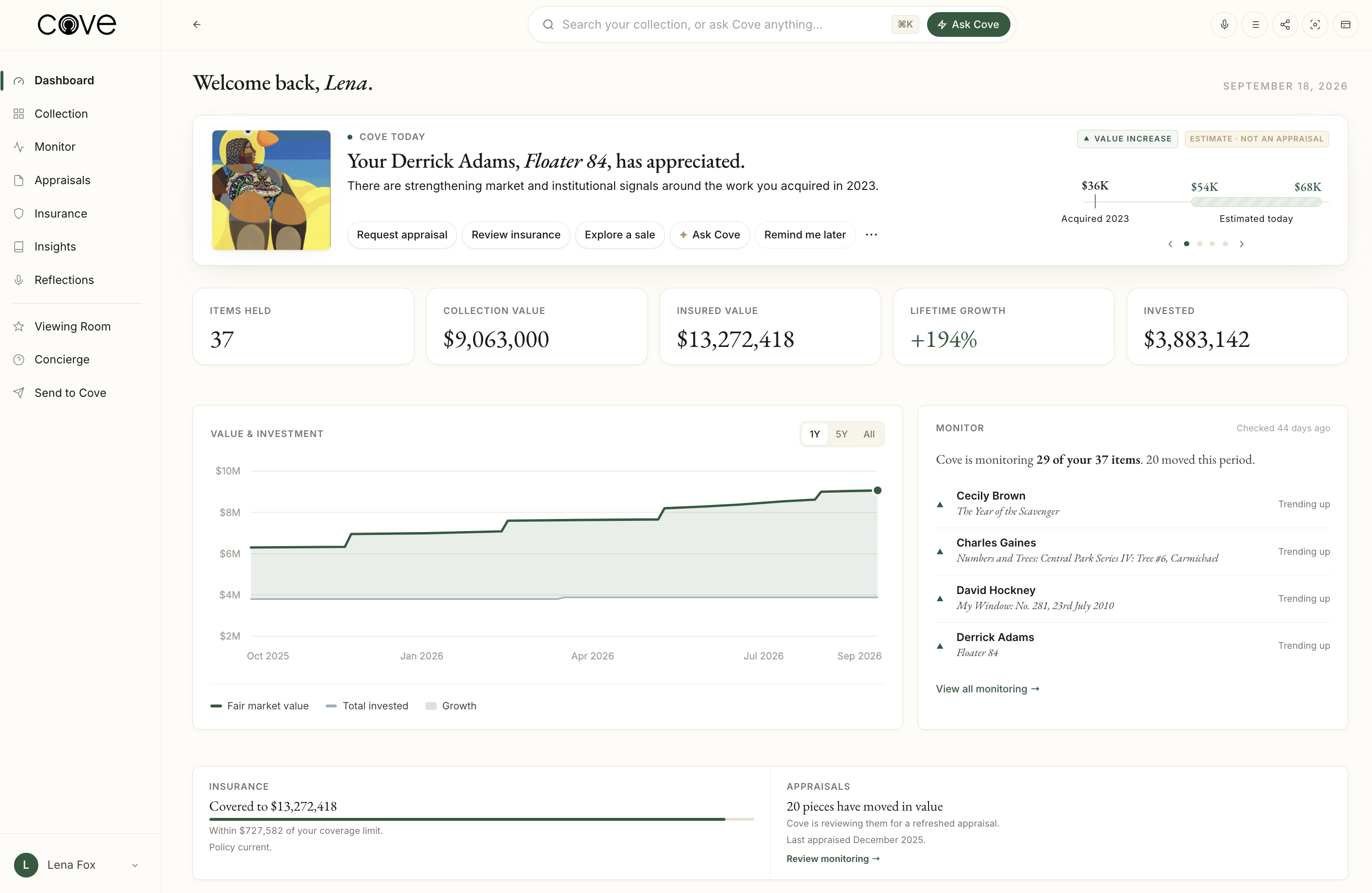 The Cove dashboard: collection value, insured value, lifetime growth, a value and investment chart, monitoring activity, insurance, and appraisals.